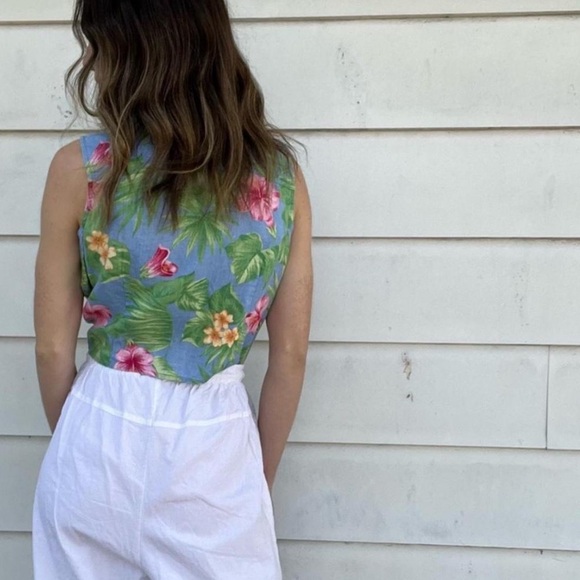 Ralph Lauren 100% Linen Tropical Print Sleeveless Tie Front Cropped Top - Picture 3 of 11